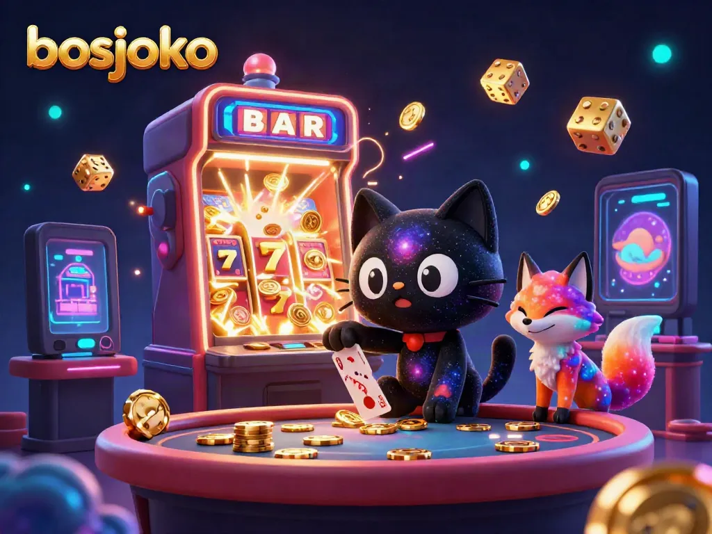 Experience winning at bosjoko with a cosmic-themed casino scene featuring interactive slot machines and colorful characters.