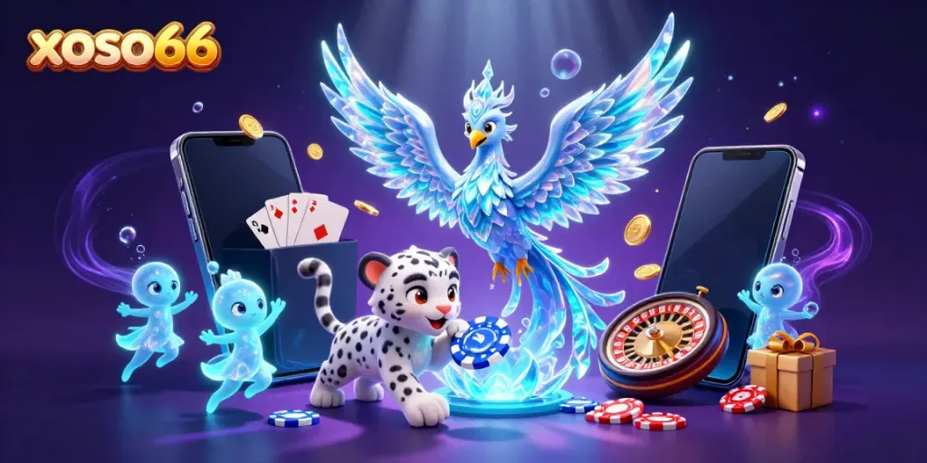 Experience the excitement of xoso66 with a vivid 3D casino scene featuring an ice phoenix, exciting games, and animated elements.