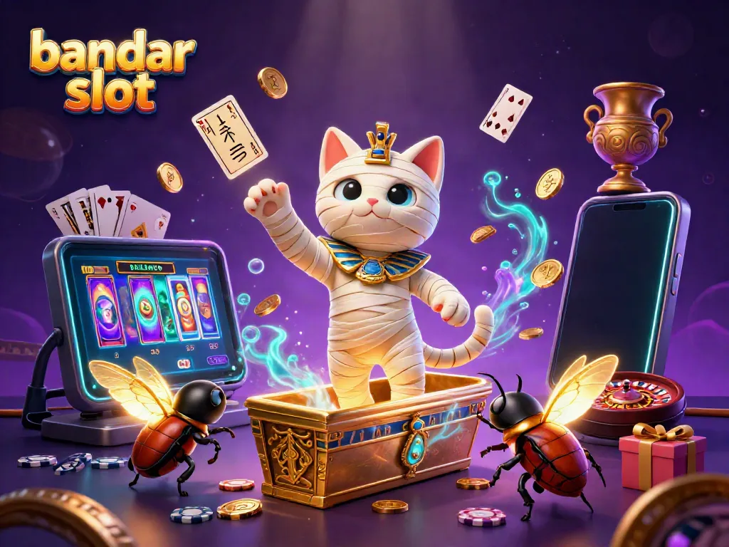 Permainan slot gacor bertema bandar slot di casino dengan karakter kucing mumi dan serangga scarab yang menampilkan slot online yang menarik.