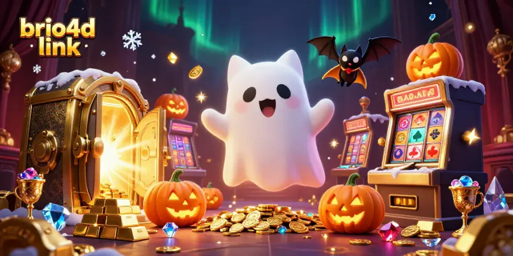 Play exciting slots with BRIO4D link in an ultra-detailed 3D casino scene featuring a friendly ghost cat.