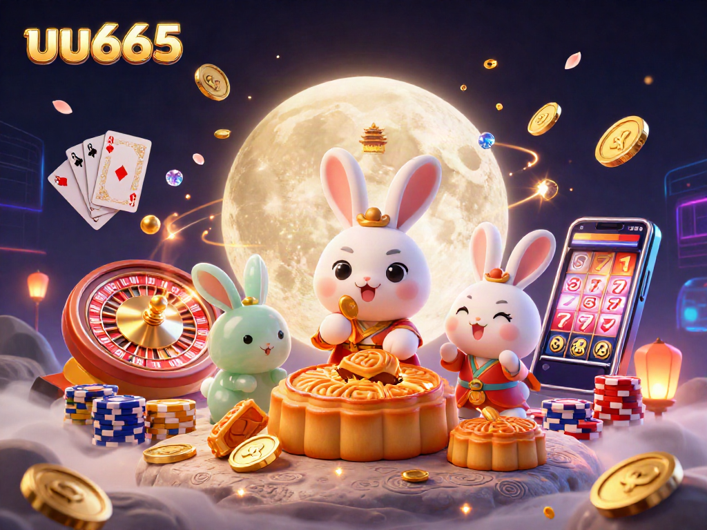 Feel the excitement at uu666 with the cartoon moon rabbit and golden mooncakes amidst a vibrant casino atmosphere.