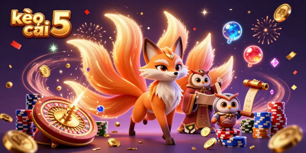 Experience kèo nhà cái 5 with animated characters, dynamic coins, and vibrant casino elements, celebrating victories!