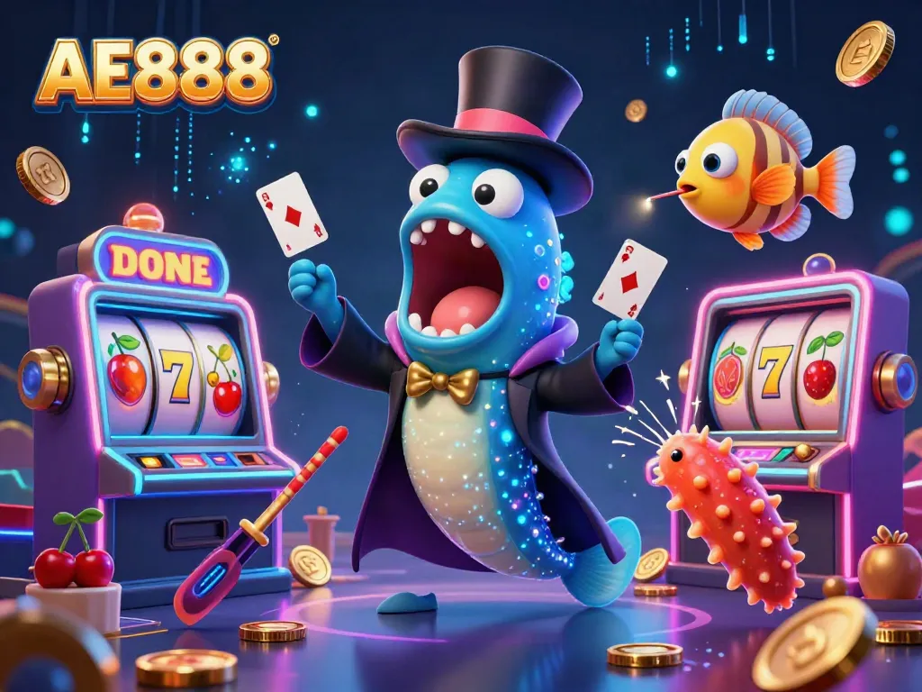 Experience thrilling AE888 action as the deep-sea eel magician dazzles with card tricks amidst casino slot excitement.