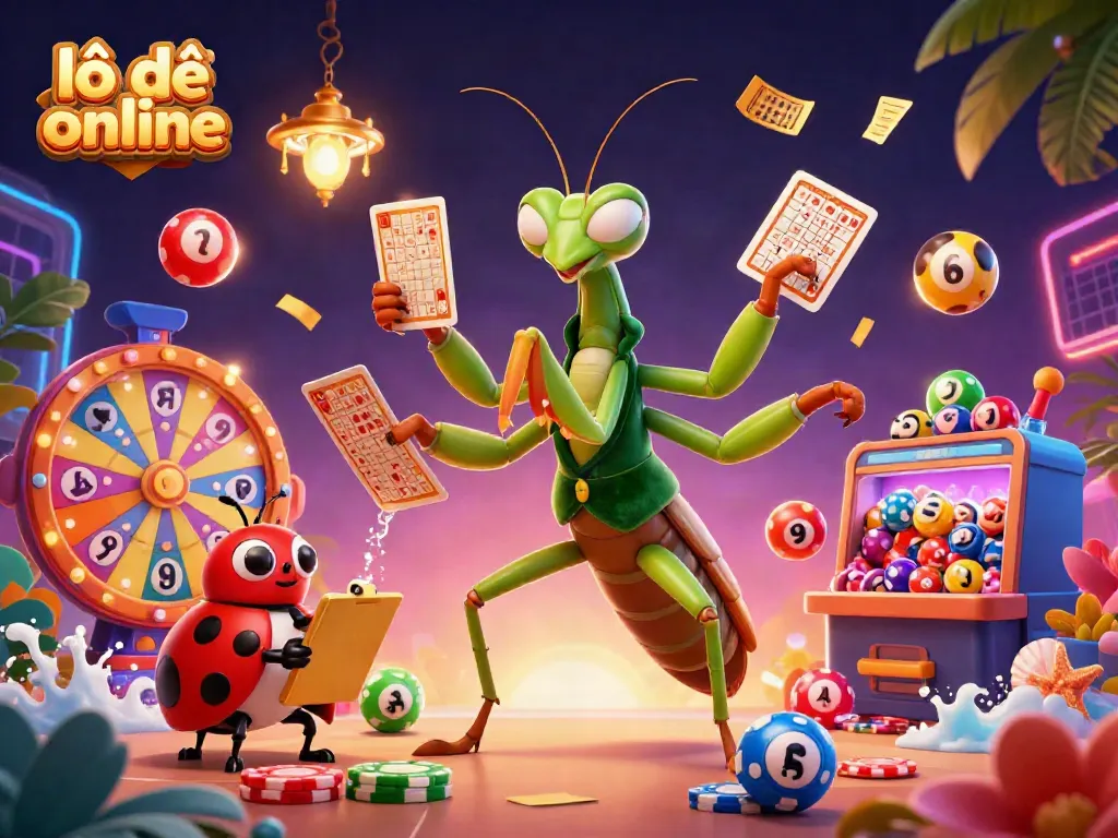 Engage with exciting lô đề online action featuring a giant praying mantis card sharp, colorful lottery balls, and vibrant casino elements.