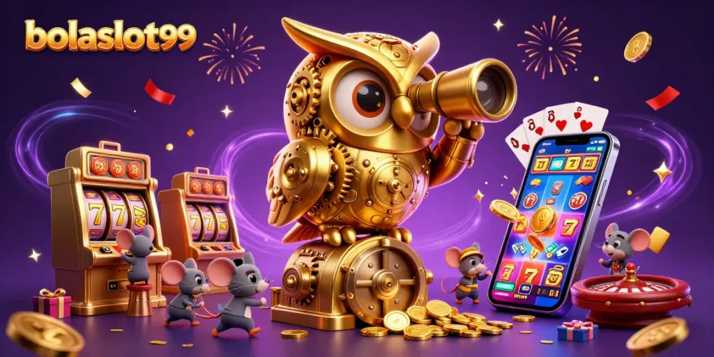 Experience the thrill of bolaslot99 with upbeat slots and animated casino scene.