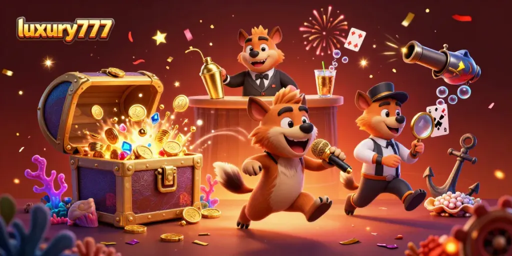 Experience luxury777's thrilling comedy casino scene with hyena characters and vibrant gaming elements.