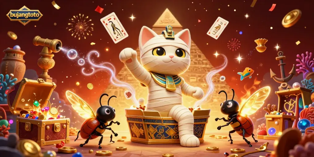 Bujangtoto's vibrant casino scene features a mummy cat and scarab beetle amidst floating hieroglyph cards.