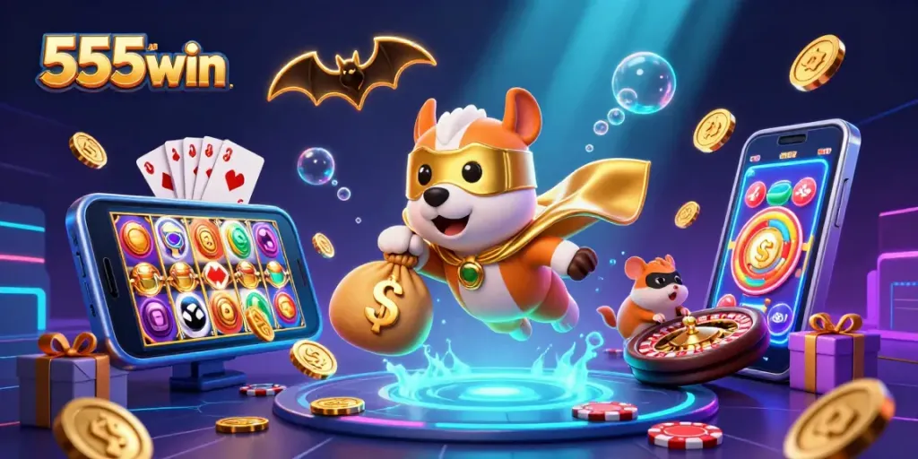 Experience thrilling wins with the 555win superhero dog and hamster on a vibrant casino adventure.
