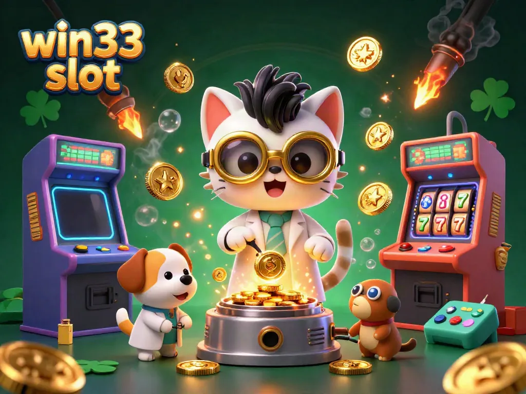 Spin to win with win33 slot featuring scientists and vibrant casino gaming elements.