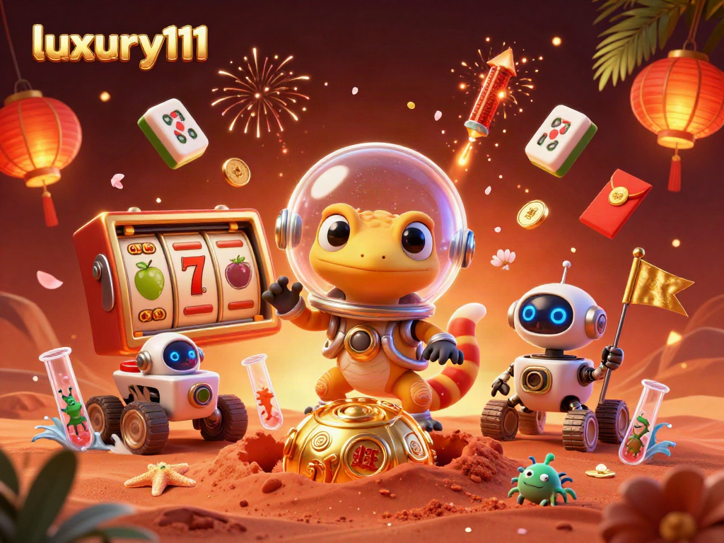 Experience luxury111 gameplay with a Martian gecko discovering a buried casino filled with treasures.