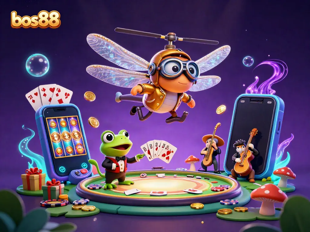 Experience the vibrant world of bos88 as the dragonfly pilot hovers over a thrilling lily pad casino scene.