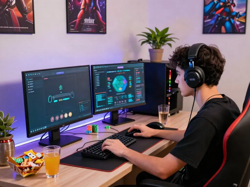 Engaged gamer playing SGPSLOT in a vibrant home gaming setup.