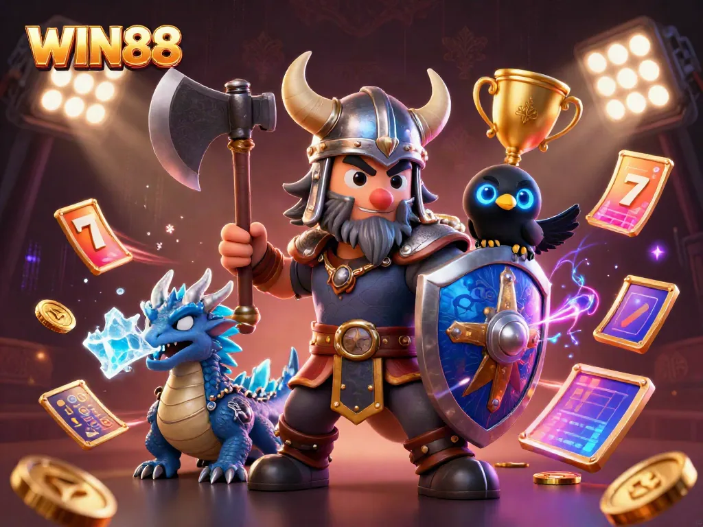 Engage with WIN88 in an epic casino adventure featuring a Viking wolf, dragon, and poker elements.