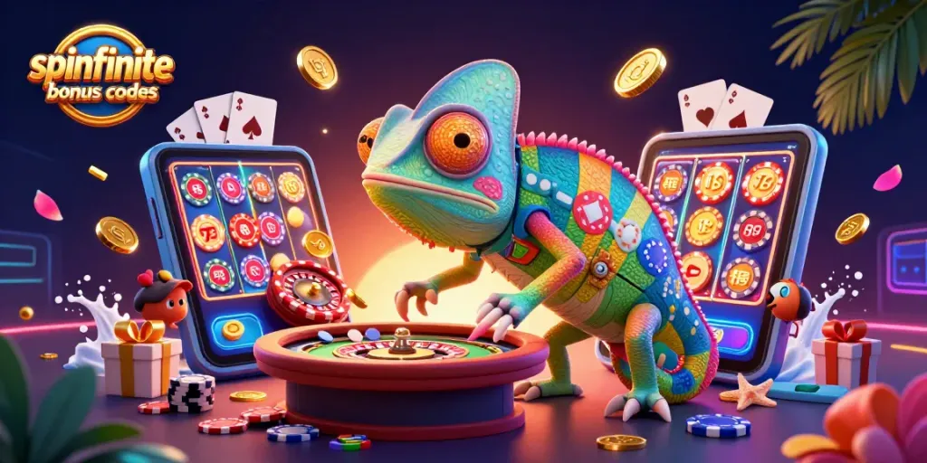 Spinfinite casino bonus codes feature an energetic chameleon owner capturing golden coins in a vibrant casino scene.