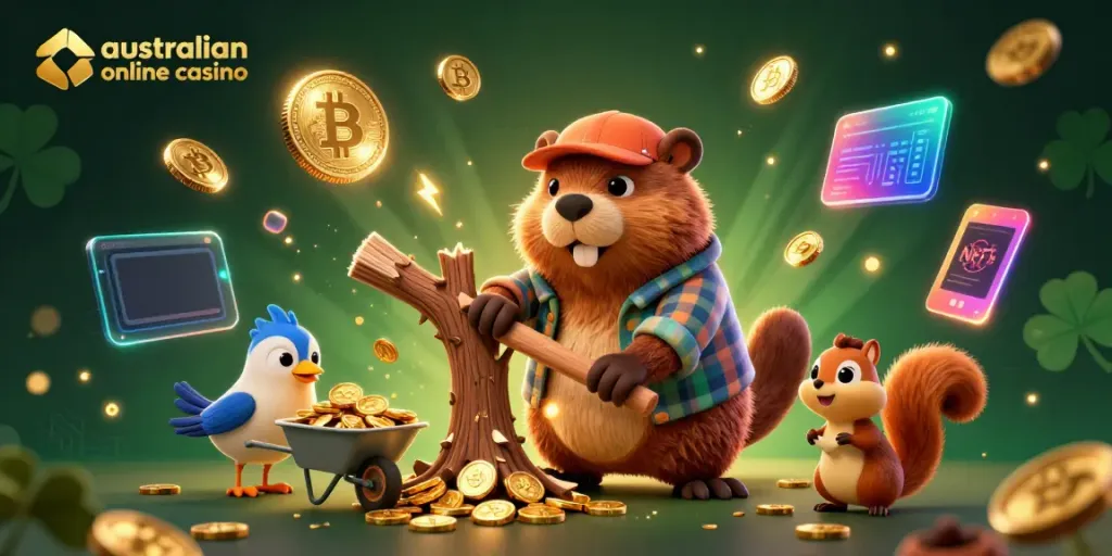 Engage with top Australian online casino action featuring a beaver and characters collecting gold coins in a vibrant scene.