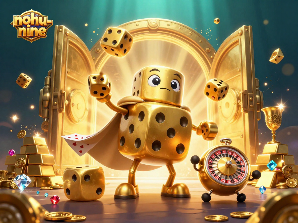 Experience the excitement of nohu-nine gameplay with golden dice and treasure in a vibrant casino scene.