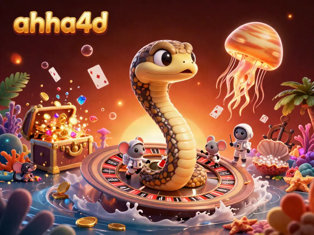 Engaging ahha4d illustration with Saturn ring snake, astronaut mice betting, and cosmic gold jellyfish dealer.
