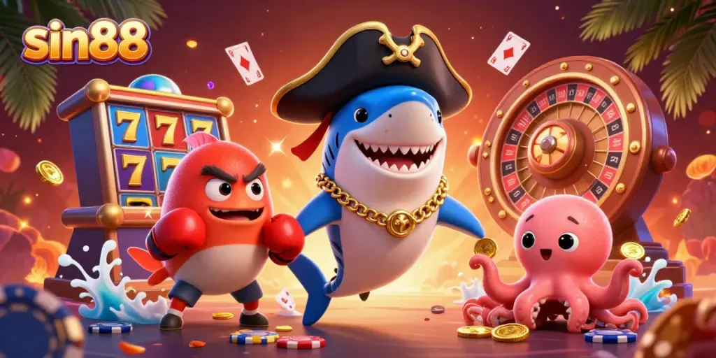 Engage in thrilling gameplay with sin88, featuring a playful shark, pufferfish, and octopus in a vibrant casino setting.