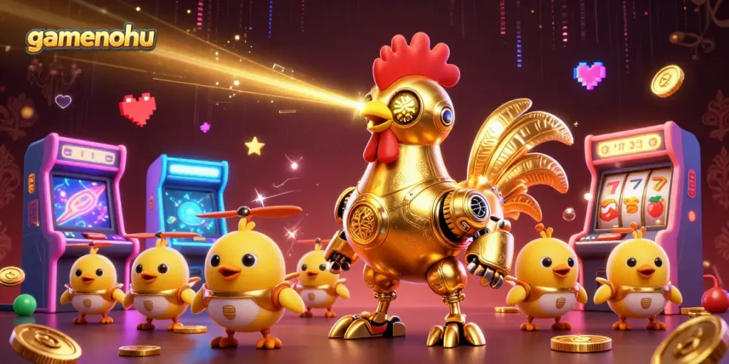 Experience gamenohu's vibrant gaming scene with a golden rooster robot and arcade elements.
