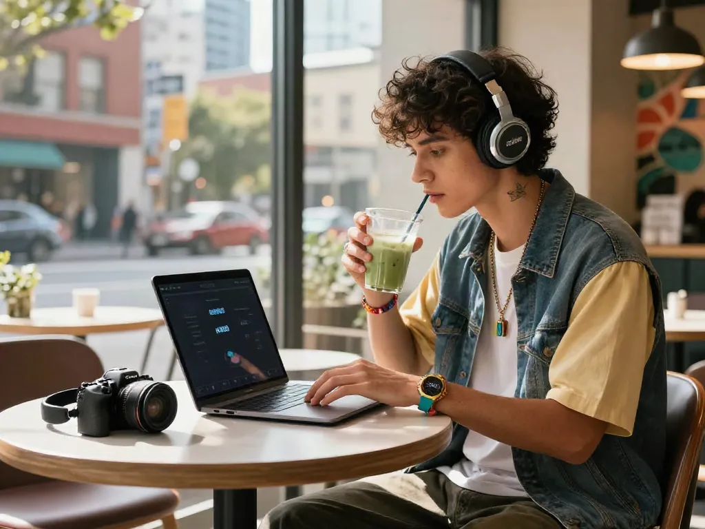 Individual using peh888 on a laptop in a trendy café