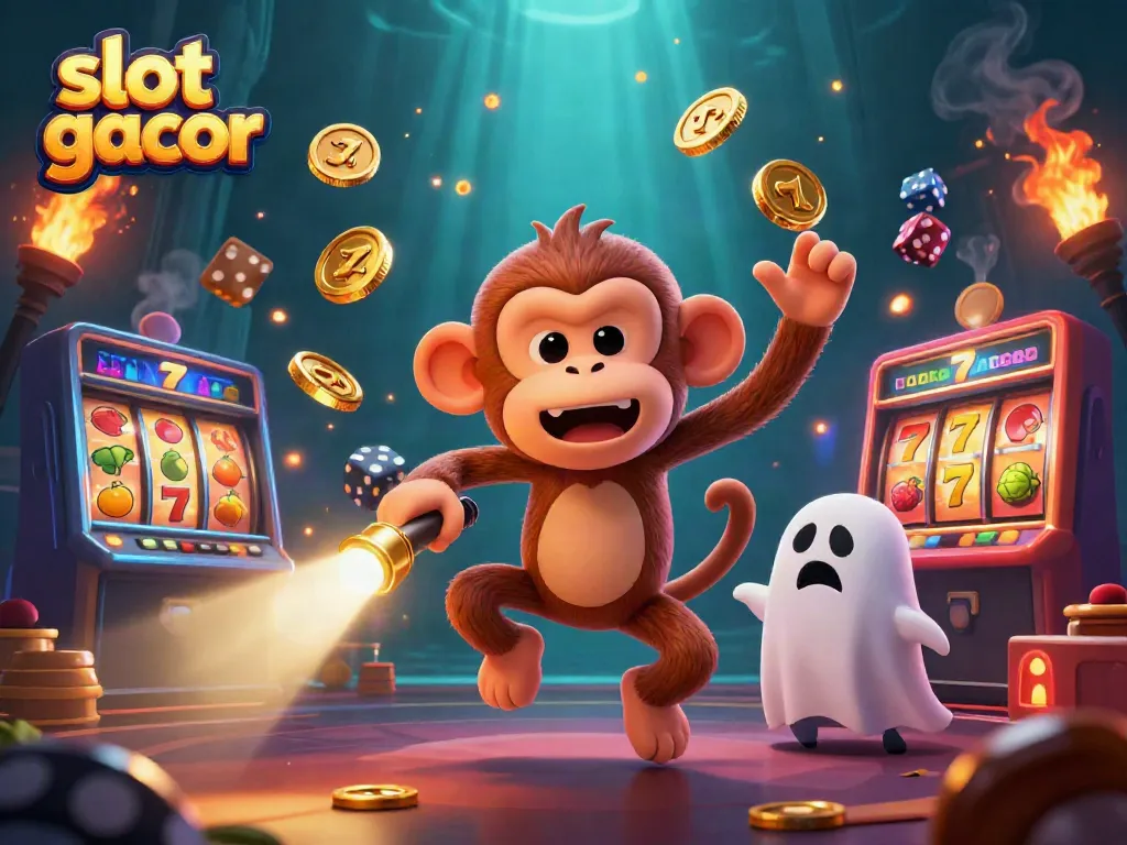 Experience slot gacor excitement with a playful poltergeist and playful puppy in a dynamic casino scene.