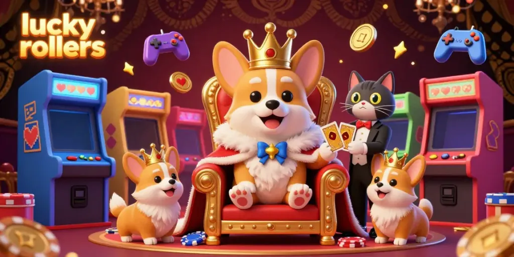 Experience the thrill of Lucky Rollers with royal corgis, bright arcade machines, and casino energy.