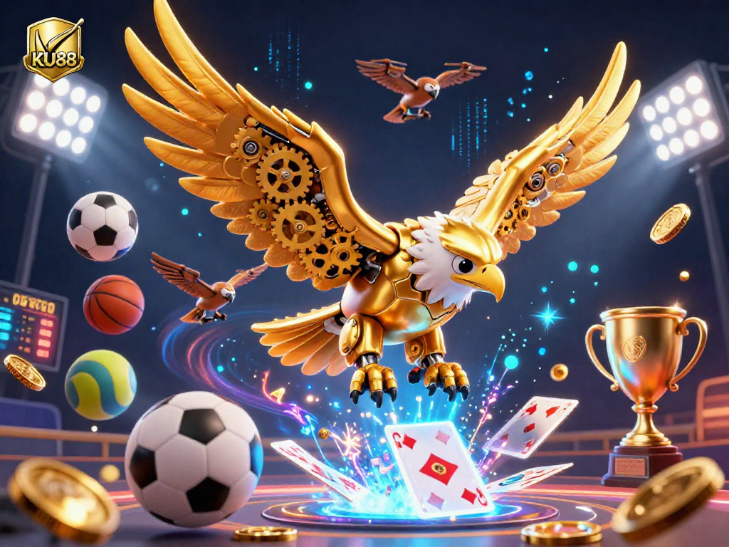 Bet on exciting games at KU88, featuring a dynamic 3D casino scene with vibrant action elements.