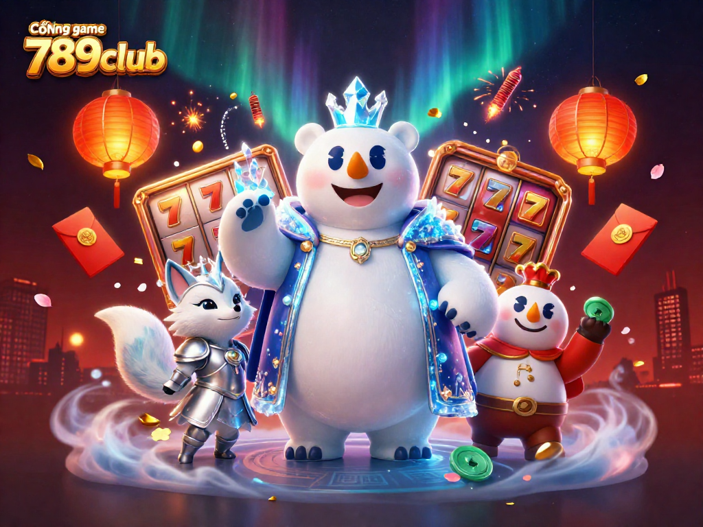 Cổng game 789club showcases premium slots and thrilling game elements with polar bear royalty and enchanted surroundings.
