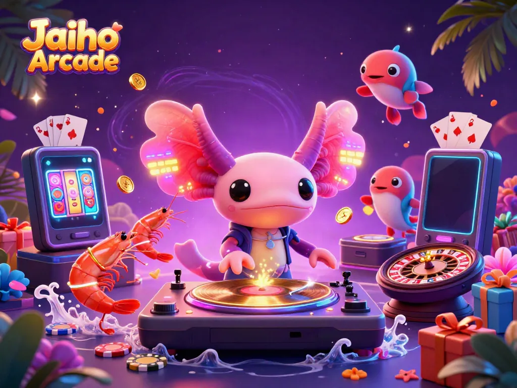 Engage in thrilling gameplay at Jaiho Arcade with a vibrant casino scene featuring our energetic axolotl DJ.