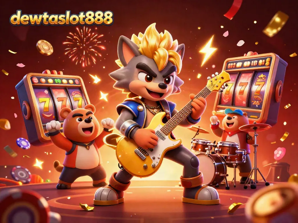 Menangkan jackpot di dewataslot888 saat rock star wolf dan drummer bear tampil di panggung kasino.