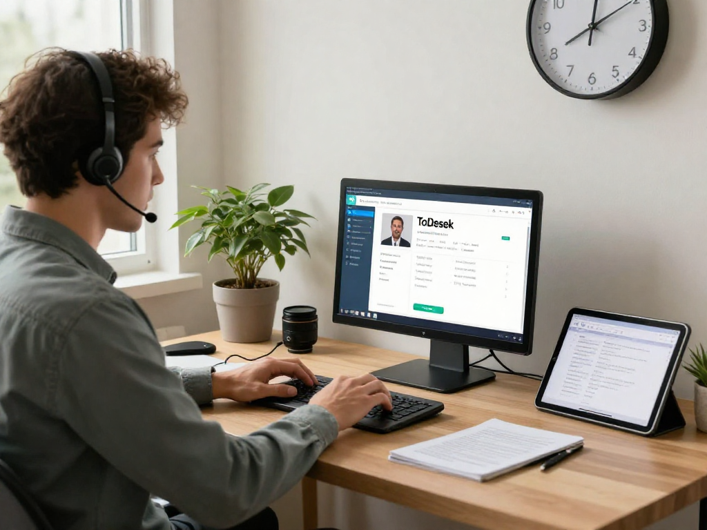 IT technician using ToDesk for remote assistance in a modern home office with laptop and video call setup.