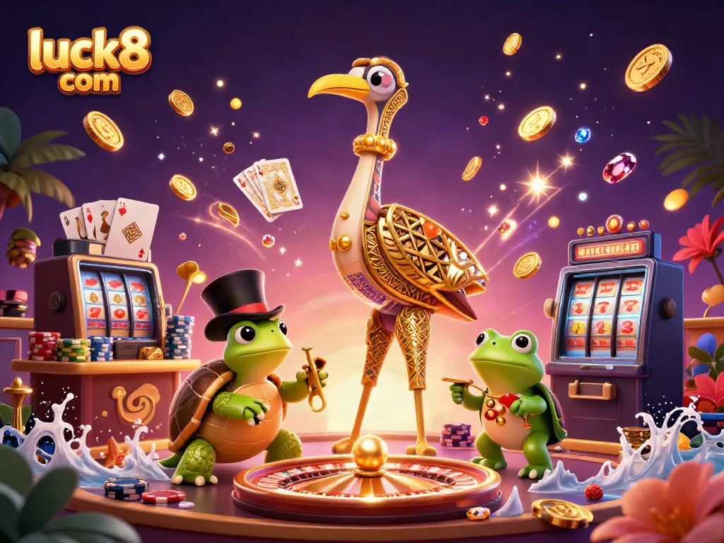 Experience luck8 com's vibrant casino atmosphere with a whimsical flapper crane, turtle, and frog amid flying coins.