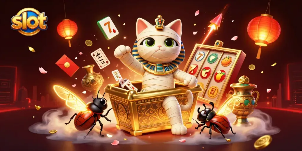 Slot menghidupkan suasana kasino dengan kucing mumi dan simbol keberuntungan lainnya.