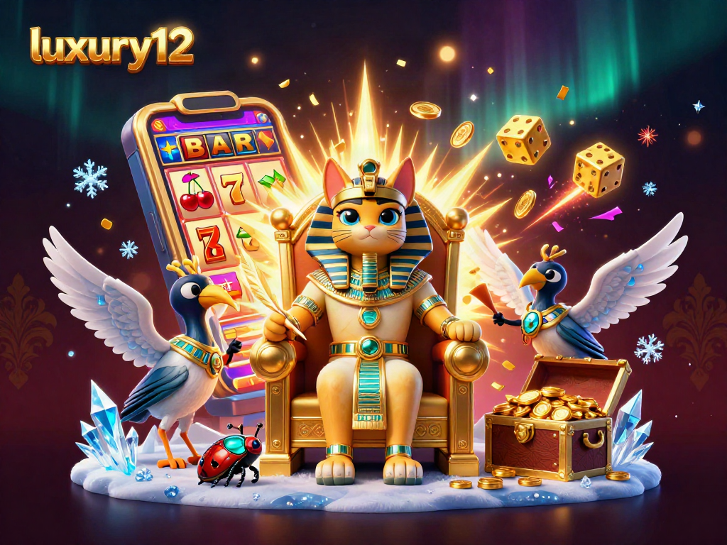 Experience luxury12 with a vibrant scene of a pharaoh cat amidst golden casino rewards and excitement.