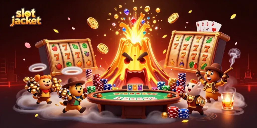 Experience the thrill of slot jackpot wins with this colorful 3D illustration featuring a golden volcano and exciting slot game elements.