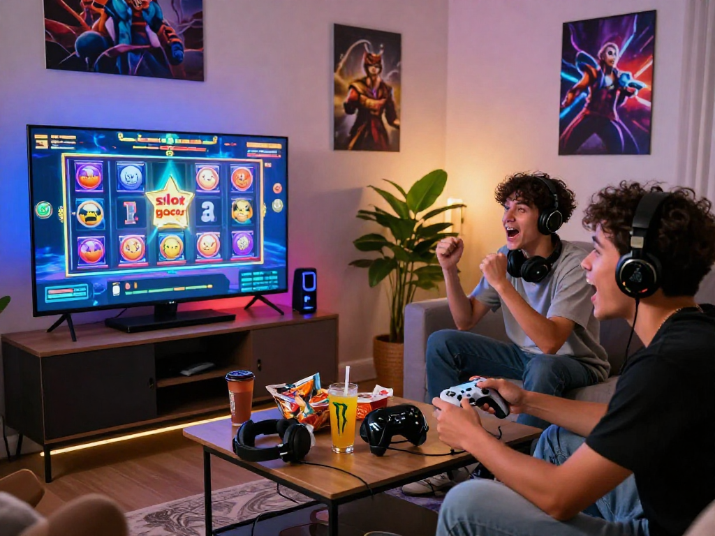 Excited players enjoying slot gacor gaming in a vibrant living room