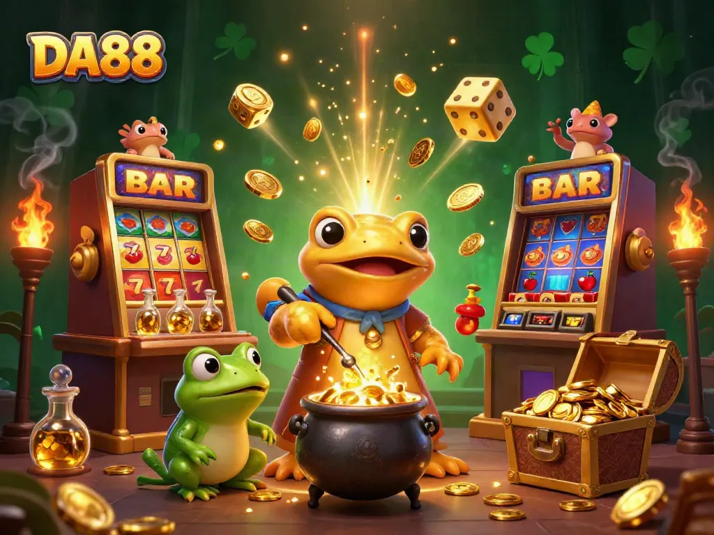 Experience DA88 in a vibrant 3D casino scene with golden coins and a celebratory atmosphere.