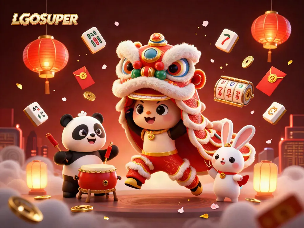 Try your luck with LGOSUPER at a vibrant slot game scene featuring cultural characters and festive elements.