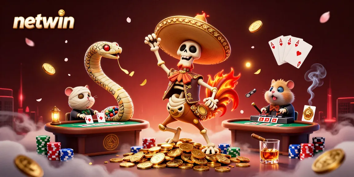 Engage in thrilling gameplay at netwin while a cartoon mariachi rooster celebrates amidst poker elements.