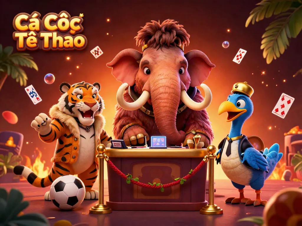 Cá Cược Thể Thao showcases vibrant casino scene with a woolly mammoth checking IDs, enhancing sports betting excitement.