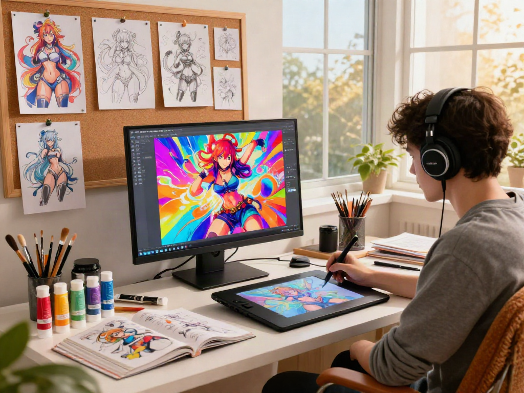 Engaging scene of an artist focused on hentai ai chat art creation with colorful sketches in a cozy studio.