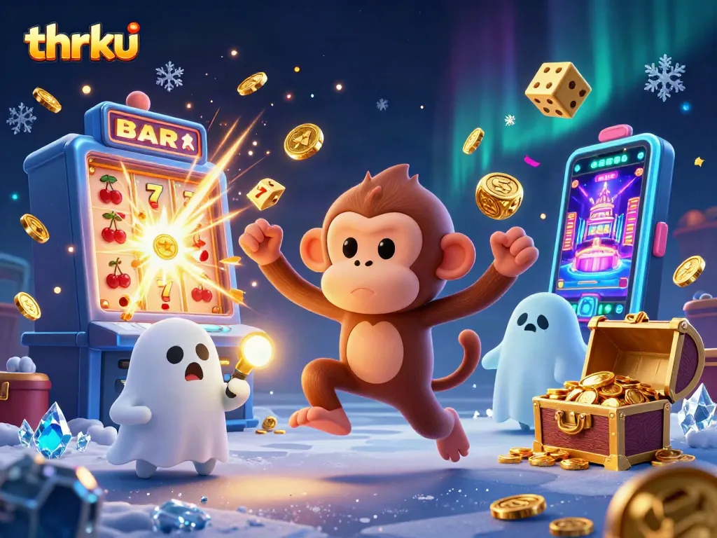 Thrku showcases a lively casino scene with a mischievous poltergeist monkey juggling gold, creating excitement in the gaming world.