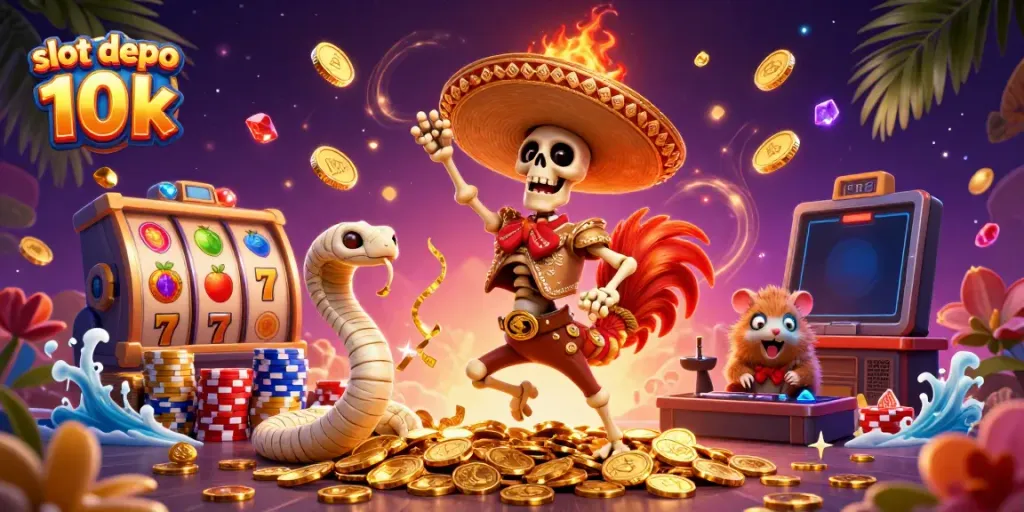 Experience big wins with slot depo 10k in colorful casino scenes, showcasing vibrant characters and slot machine excitement.
