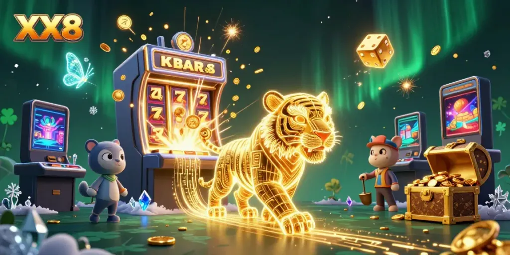 Engage with XX8's vibrant digital casino scene featuring a golden tiger and a jackpot explosion of coins.