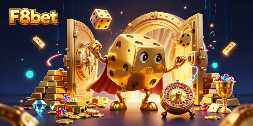 Experience excitement at F8bet with a vivid 3D casino scene featuring a golden dice golem and shimmering treasures.