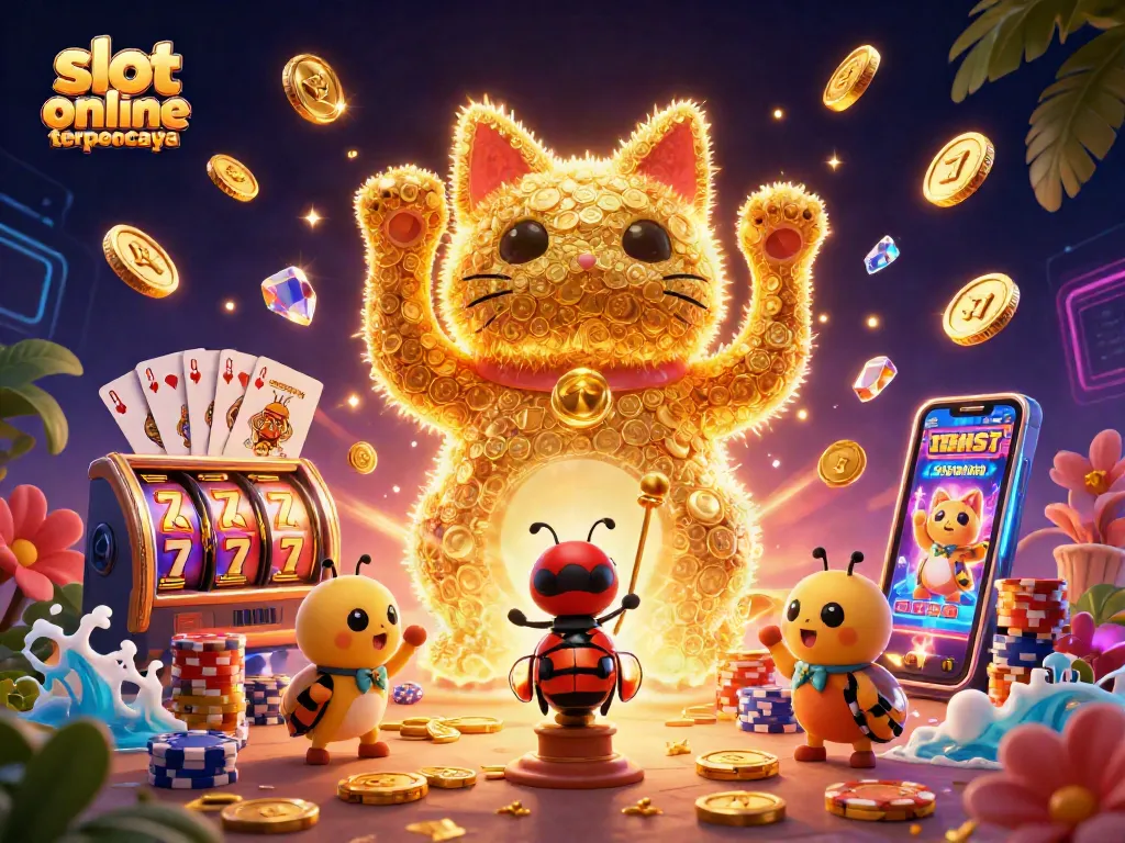 Engage in slot online terpercaya with a vibrant scene featuring lucky symbols and captivating casino elements.