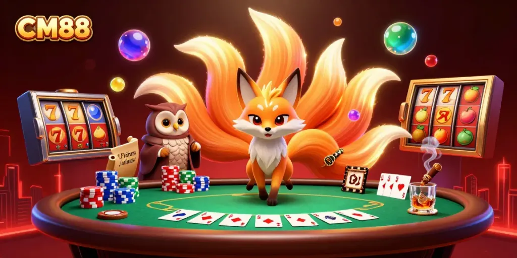 Experience the vibrant gaming scene at CM88, featuring a colorful nine-tailed fox and dynamic poker elements.