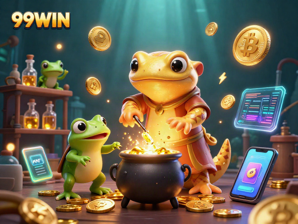 Engage with the 99WIN experience featuring a golden salamander alchemist and crypto-themed elements.