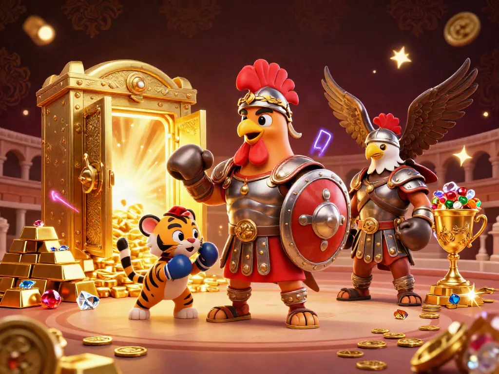 Experience seamless gameplay with bayar77 as a golden rooster conquers the colosseum alongside treasures.