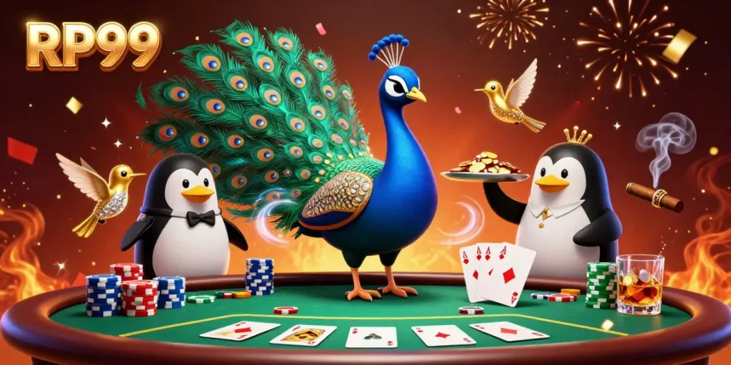 Experience luxury gaming with a 3D illustration featuring RP99's vibrant casino scene.
